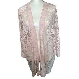 Versona Elegant Blush Pink Sheer Lace Open Kimono Fringe Cardigan Top Sz M